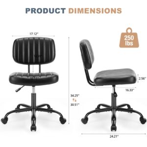 DUMOS Small Office Armless Desk Wheels and Lumbar Support Height Adjustable Computer, Black PU Leather Cute Vanity Task Chair for Home and Work