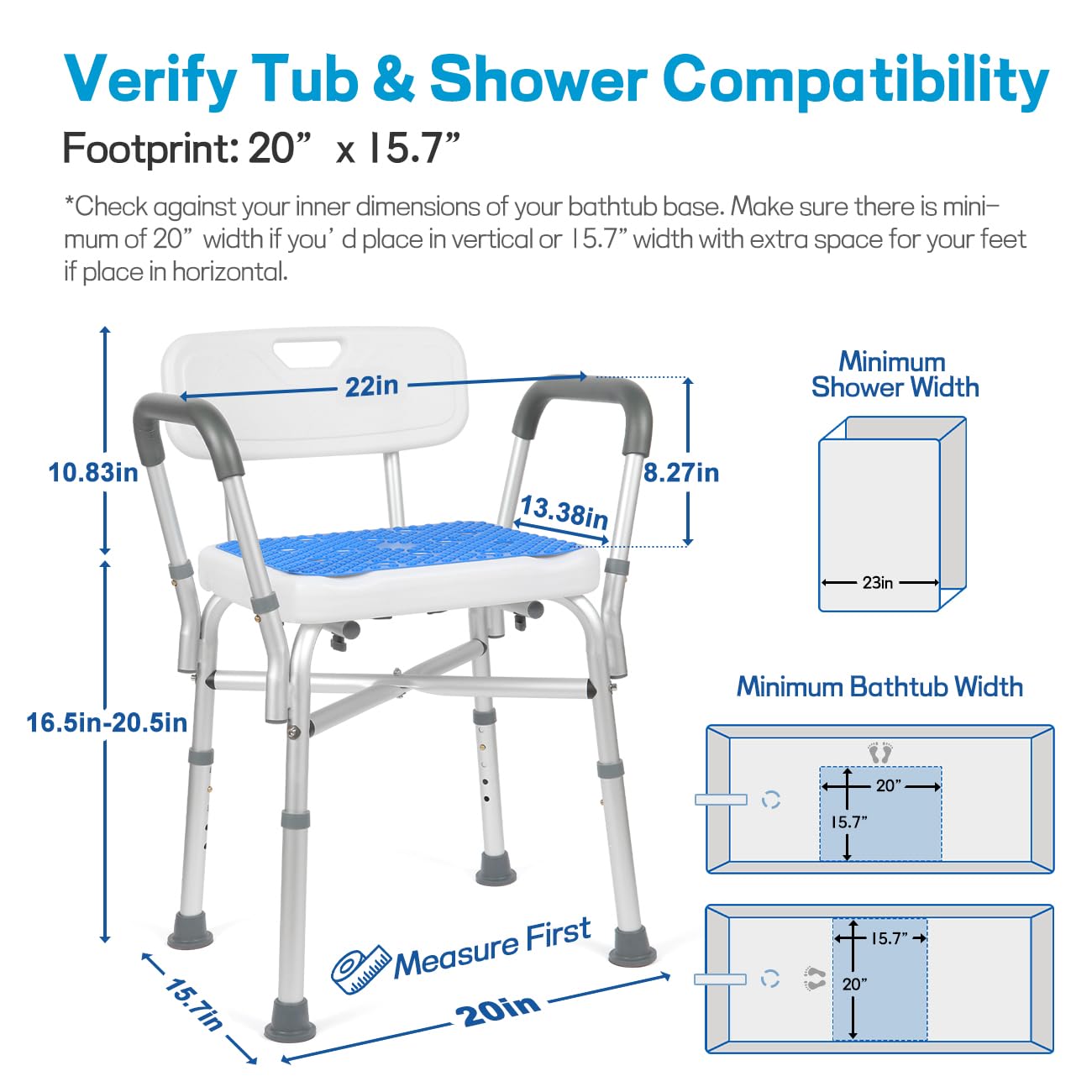 Adjustable Shower Chair with Arms and Back, Heavy Duty Shower Chair for Inside Shower with Double Crossbars, Safety Bars & Rust-Proof Shower Benches for Elderly and Disabled, Anti-Slip Mat Include