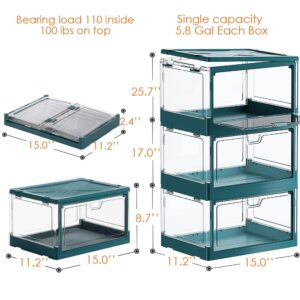 PRANDOM Stackable Clear Storage Bins with Lids,70 Qt Plastic Collapsible Organizer Containers Boxes with Doors for Organizing Closet Bathroom Bedroom Green 15x11.2x8.7 x 3-Pack