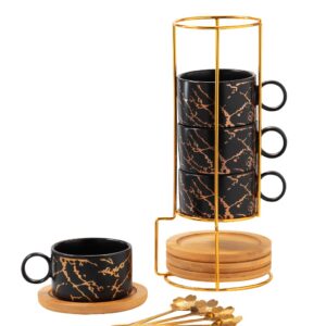 Jusalpha Golden Hand Print Teacup Coffee Cup with Bamboo Saucer Set FDTCS19 (4, Black)