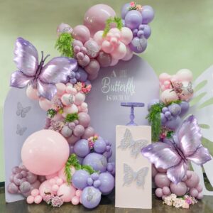 dusty purple butterfly balloon garland arch kit, 139pcs pink lavender purple balloons with 3d silver butterfly stickers for girl birthday party wedding bridal shower baby shower decorations