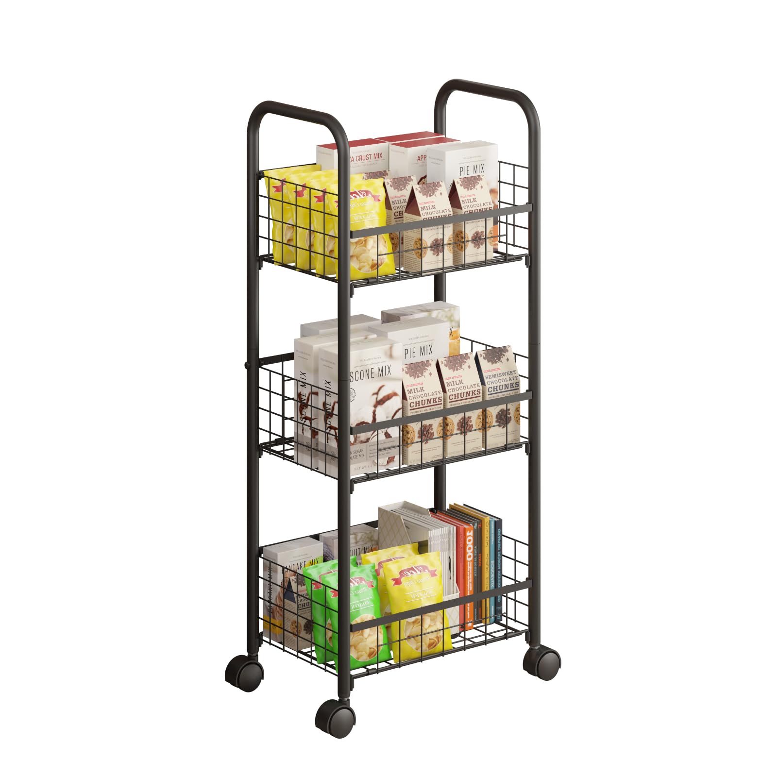 3-Tier FreeStanding Open Shelf with Wheels, Storage Rolling Cart Bathroom Organizer Shelves Unit, Metal Steel Storage Tower Organizer Rack Basket Cart for Bathroom, Living Room, Balcony, Kitchen