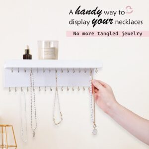 CCINPPY Necklace Holder Wall, Jewelry Holder Organizer Wall with 30 Jewelry Hooks and Shelf, Wooden Hanging Necklace Hanger Organizer Wall Mount for Necklaces Bracelets, and Chains White