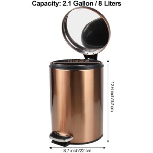 FozsKeylf Soft Close Trash Can, 8 Liter / 2.1 Gallon Step Trash Can with Lid, Hands-Free Kitchen/Bathroom Stainless Steel Garbage Can with Removable Liner Bucket and Handle, Golden