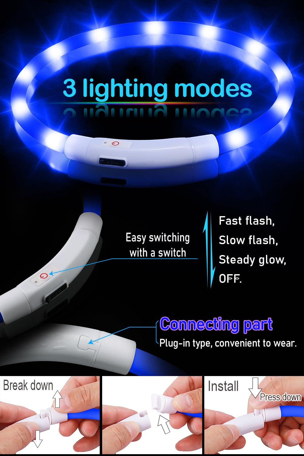 Waterproof LED Dog Collar USB Rechargeable Light Up Dog Collars Lights for Night Walking Lighted Safety Training & Behavior Aids for Small Medium to Large Dogs