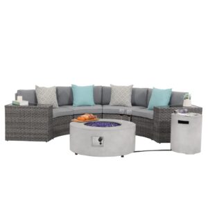 sunsitt 8 piece patio furniture set with propane fire pit half-moon curved patio set outdoor sectional sofa with 36in grey gas fire table & tank cover, grey rattan