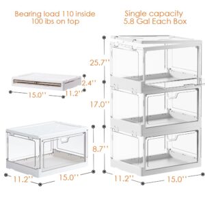 PRANDOM Stackable Clear Storage Bins with Lids,70 Qt Plastic Collapsible Organizer Containers Boxes with Doors for Closet Living Room Bedroom White 15x11.2x8.7 x 3-Pack