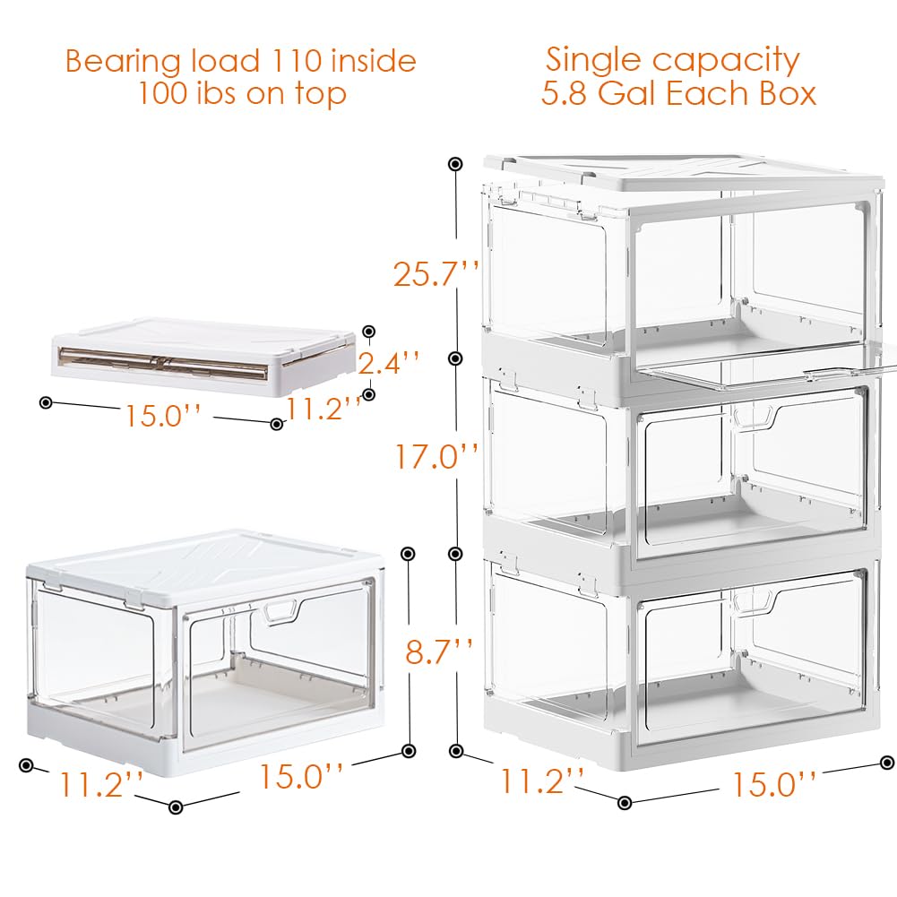 PRANDOM Stackable Clear Storage Bins with Lids,70 Qt Plastic Collapsible Organizer Containers Boxes with Doors for Closet Living Room Bedroom White 15x11.2x8.7 x 3-Pack