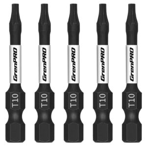 grenpro screwdriving power bits t10-2in*5pcs,torx head bit set ，2" long high impact tough magnetic #10 drill bit，1/4" hex shank s2 alloy steel star bits set