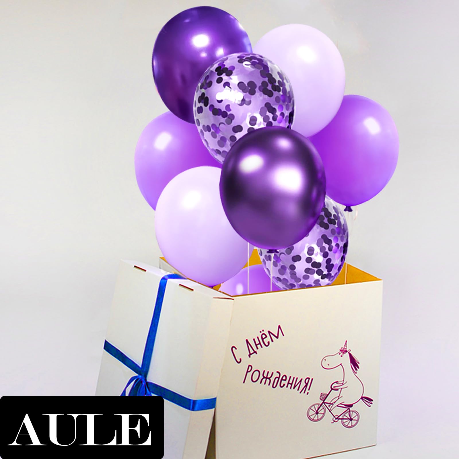 AULE Metallic Purple and Premium Latex Lavender Lilac Balloons 60 Pack 12inches and Purple Confetti Balloons with Purple Ribbons Set for Birthday Bridal Shower Wedding Party Decorations