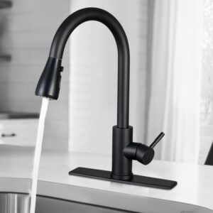 SOFTINOX Kitchen Faucet with Multi-Functional Pull Down Sprayer - High Arc Single Handle Kitchen Sink Faucet with Deck Plate - Commercial Modern Brushed Stainless Steel Kitchen Faucets - Black