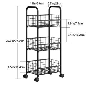 3-Tier FreeStanding Open Shelf with Wheels, Storage Rolling Cart Bathroom Organizer Shelves Unit, Metal Steel Storage Tower Organizer Rack Basket Cart for Bathroom, Living Room, Balcony, Kitchen