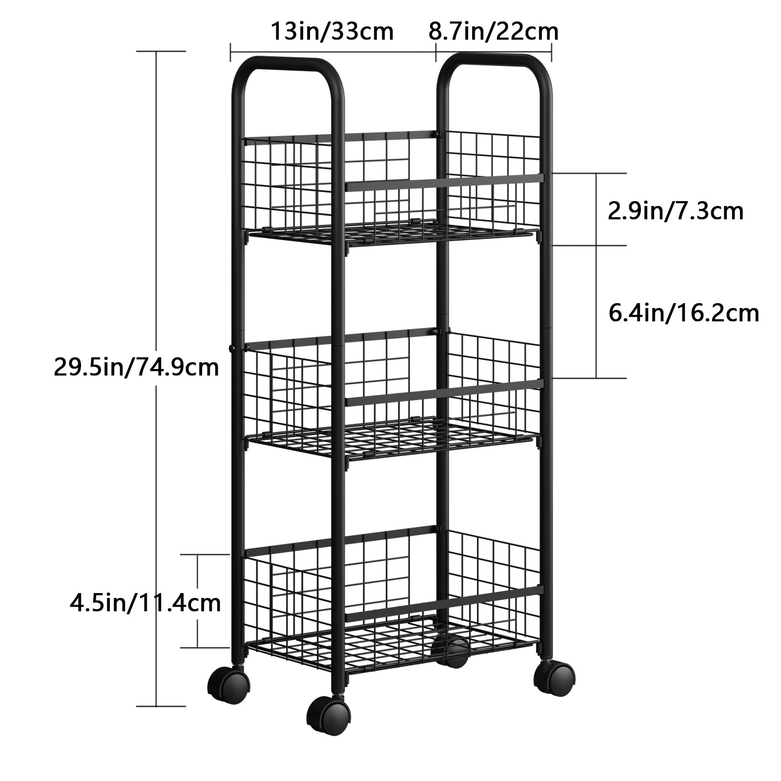 3-Tier FreeStanding Open Shelf with Wheels, Storage Rolling Cart Bathroom Organizer Shelves Unit, Metal Steel Storage Tower Organizer Rack Basket Cart for Bathroom, Living Room, Balcony, Kitchen