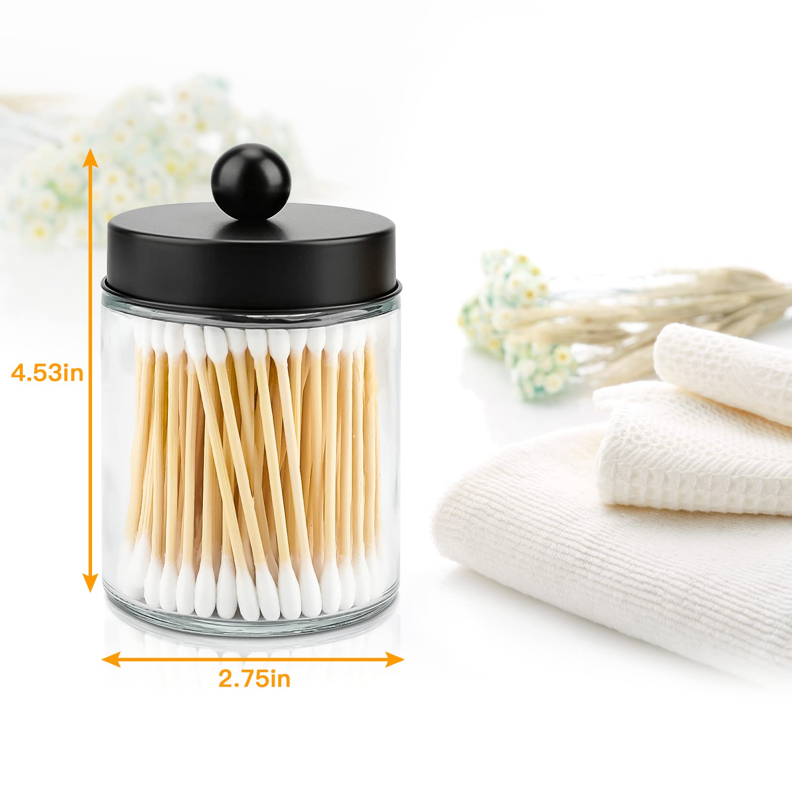 Goramio 4 Pack Glass Apothecary Jars with Lids for Bathroom, Cute Qtip Holder, Black Bathroom Accessories Set, Small Bathroom Canisters with Lids for Q-Tips, Cotton Swabs, Black Bathroom Decor