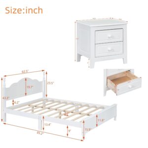 Harper & Bright Designs 3 Pieces Queen Bedroom Sets, Wooden Queen Size Platform Bed with 2 Nightstands, Retro Design Queen Bedroom Furniture Sets, Easy to Assemble (White)