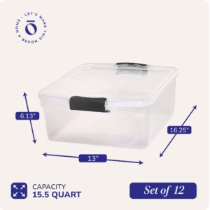 HOMZ 15.5 Qt Plastic Multipurpose Stackable Clear Storage Container Bins with Lid for Home or Office Organization, Gray Latch (12 Pack)