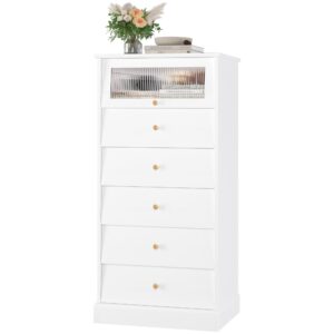 FINETONES 6 Drawer Dresser White Dresser, 48.7'' Tall White Dresser Chest of Drawers, White and Gold Dresser with Glass Drawer, Gold Dresser Modern Dresser for Home Office