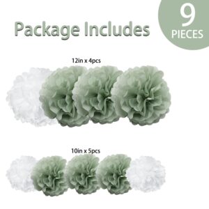 9PCS Dusty Sage Green White Large Tissue Paper Pom Poms Flower Wall Hanging Backdrop Centerpieces for Botanical Greenery Baby Shower Gender Reveal Bridal Shower Wedding Birthday Nursery Garden Décor