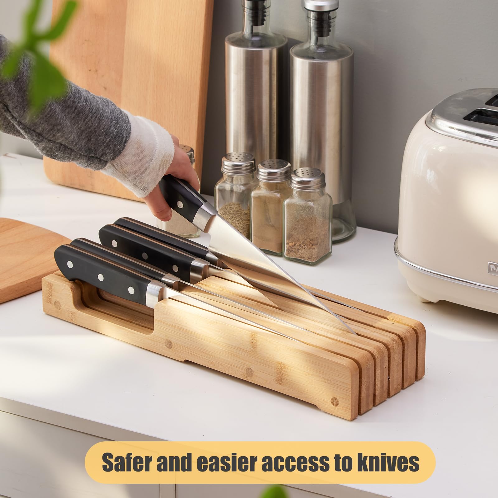 Bamboo Knife Block and In-Drawer Storage, Display Stand and Organizer, In-Drawer Knife Drawer Organizer(Knives Not Included)