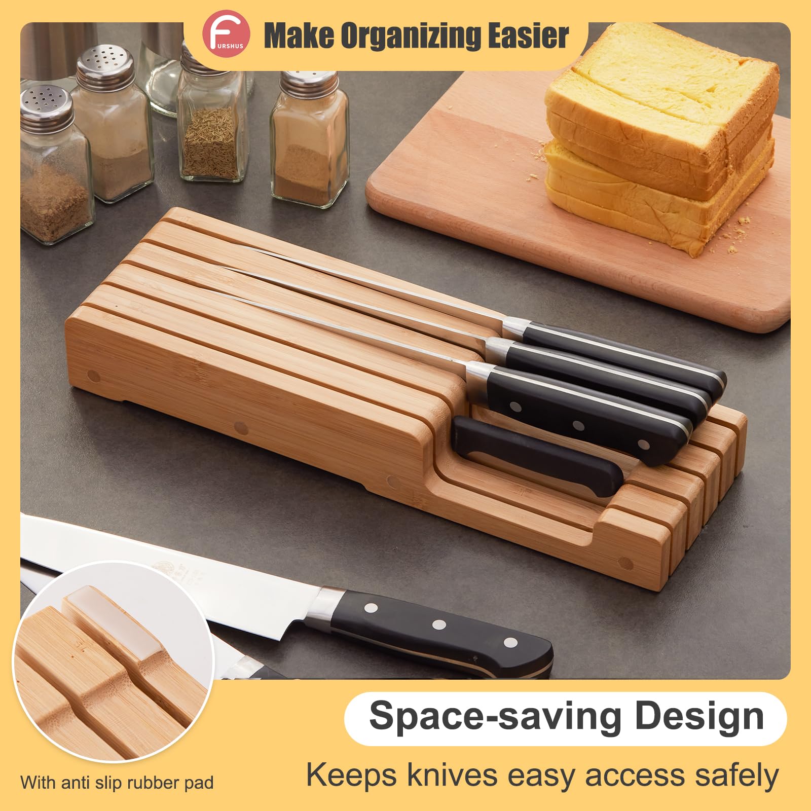 Bamboo Knife Block and In-Drawer Storage, Display Stand and Organizer, In-Drawer Knife Drawer Organizer(Knives Not Included)