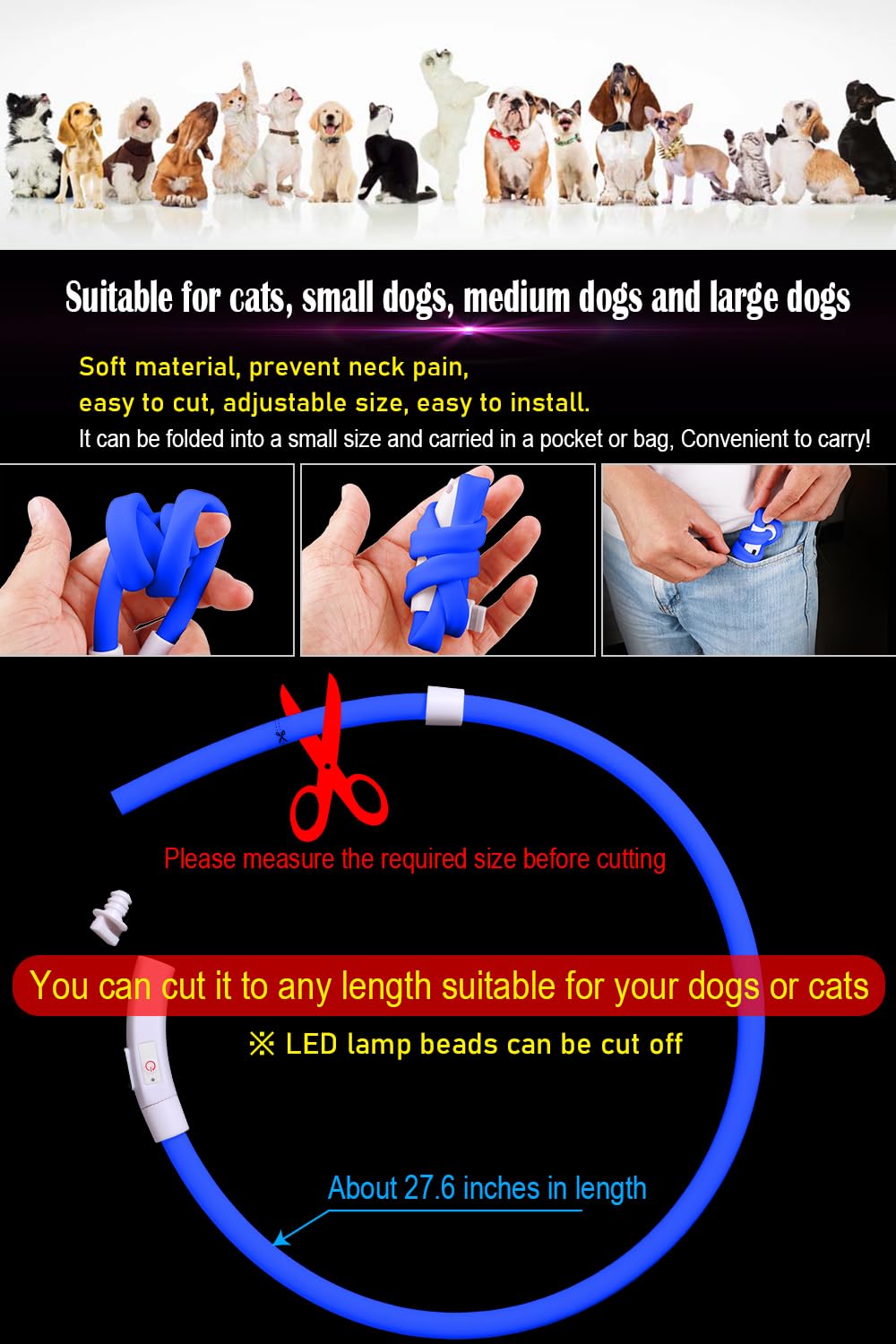 Waterproof LED Dog Collar USB Rechargeable Light Up Dog Collars Lights for Night Walking Lighted Safety Training & Behavior Aids for Small Medium to Large Dogs