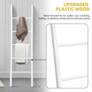 DWVO 4.8Ft Poly Lumber Wall Leaning Blanket Ladders Quilt Towel Display Rack Shelf Holder, HIPS Water Resistant Rack Rustic Farmhouse (White)