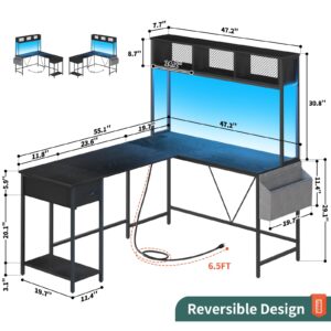 Yoobure L Shaped Desk Gaming Desk with LED Strip & Power Outlet, Reversible L-Shaped Computer Desk with Storage Shelf & Drawer, Corner Desk with Storage Bag, 2 Person Home Office Desk, Black