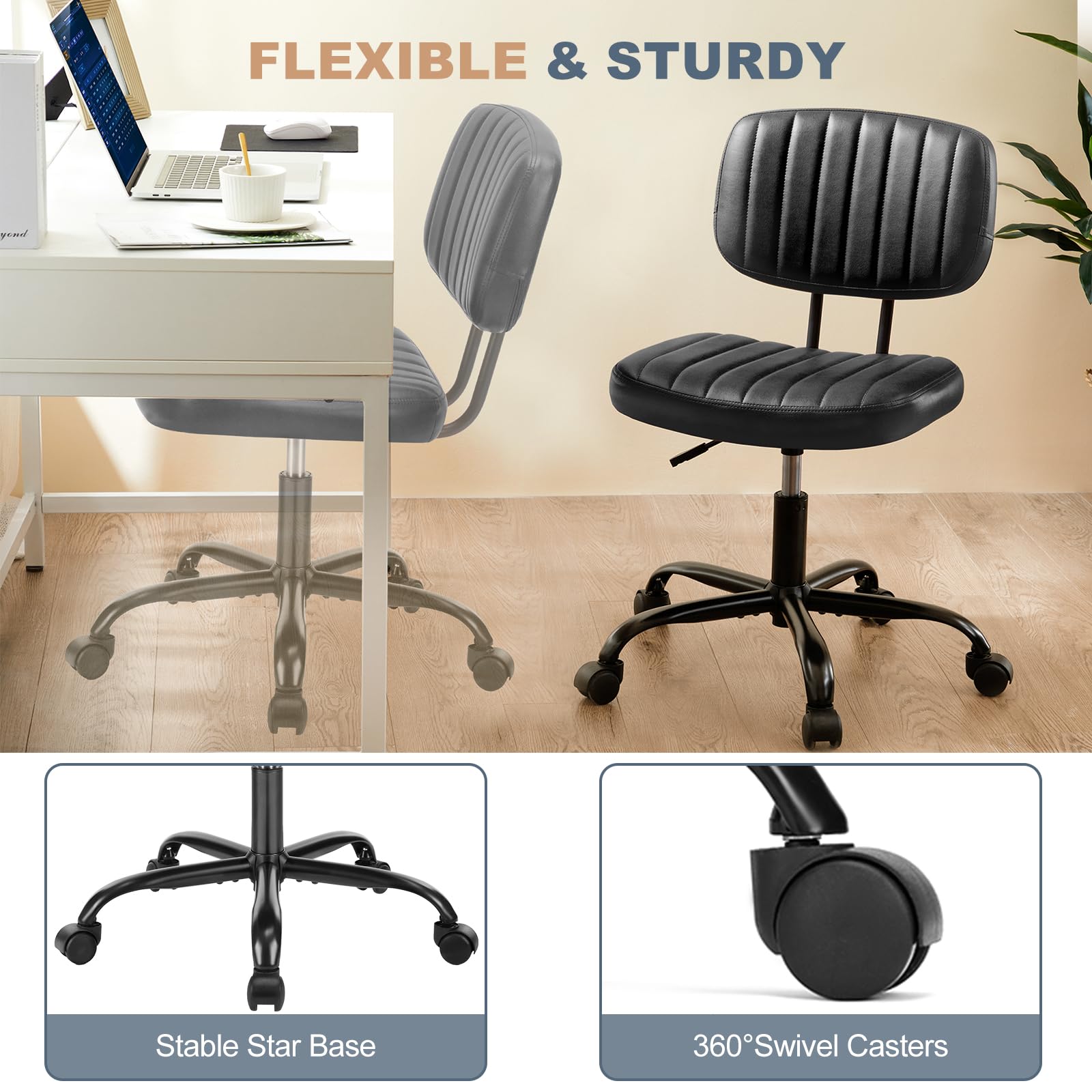 DUMOS Small Office Armless Desk Wheels and Lumbar Support Height Adjustable Computer, Black PU Leather Cute Vanity Task Chair for Home and Work