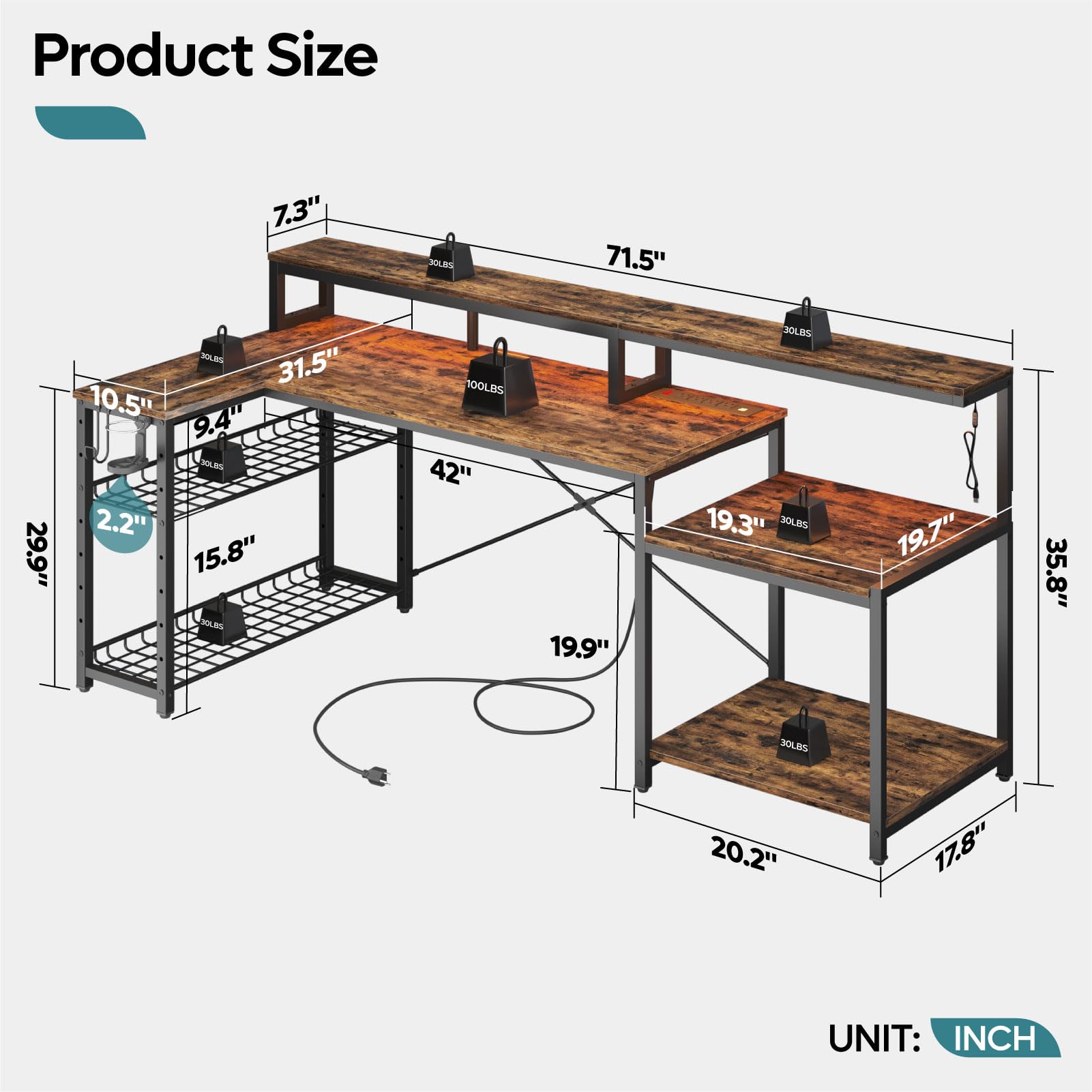 Bestier 71.5 inch Computer Desk with Power Outlets, L Shaped LED Home Office Desk with Long Monitor Stand, Large Corner Desk with Storage Shelf, Cup Holder & Headset Hooks, Modern Simple Table