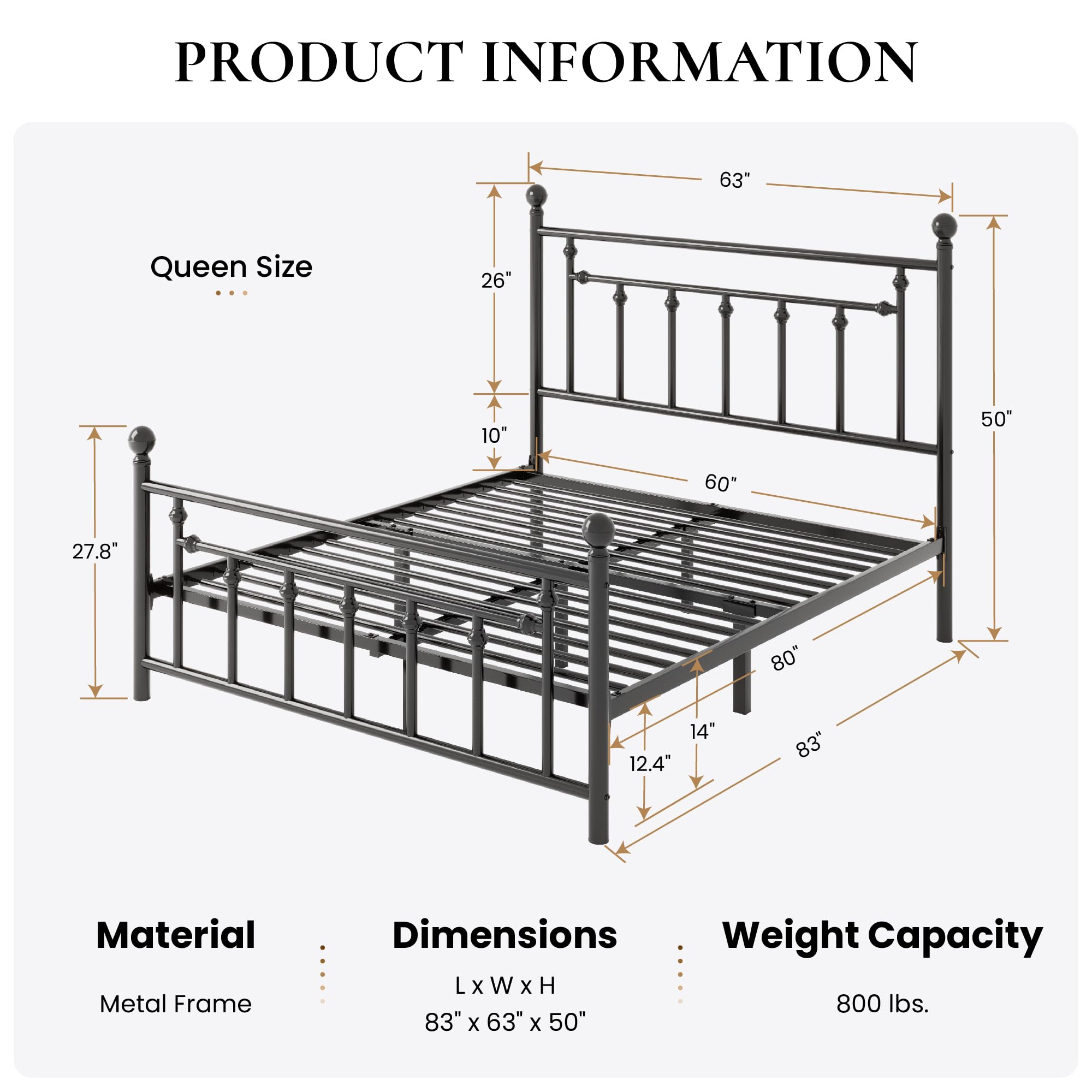 SHA CERLIN 14'' Queen Size Metal Platform Bed Frame/Victorian Headboard and Footboard/Steel Slats Mattress Foundation for Storage/No Box Spring Needed/Noise Free/Black