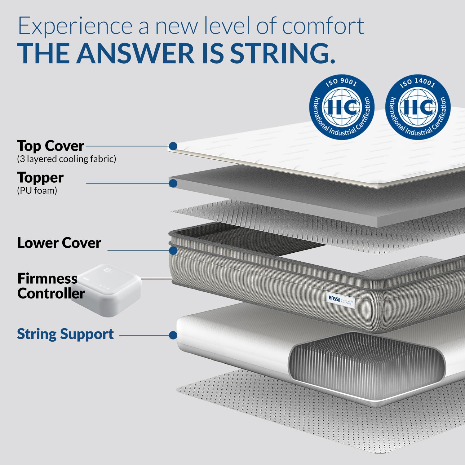 ANSSIL String Mattress Queen Size - Extra Firm Mattress with No Spring and 3D String Technology - Included Controller for Customizable Firmness - Hygienic and Lasting, No Chemical, 11” Bed Height