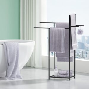 47" H Standing Towel Rack for Extra Large Towel, 3 Tier Metal Free Standing Floor Towel Racks for Bathroom Freestanding, Modern Industrial Blanket Ladder Display and Drying Rack for Bedroom Bathroom