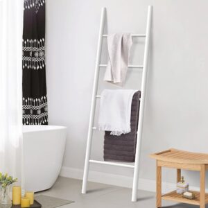 DWVO 4.8Ft Poly Lumber Wall Leaning Blanket Ladders Quilt Towel Display Rack Shelf Holder, HIPS Water Resistant Rack Rustic Farmhouse (White)