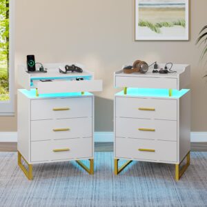 HAUOMS White Nightstand with Charging Station and LED Lights,Luxury Night Stand with Pull-Out Tray,Bedside Table with Drawers,Modern End Table Side Table Storage Cabniet