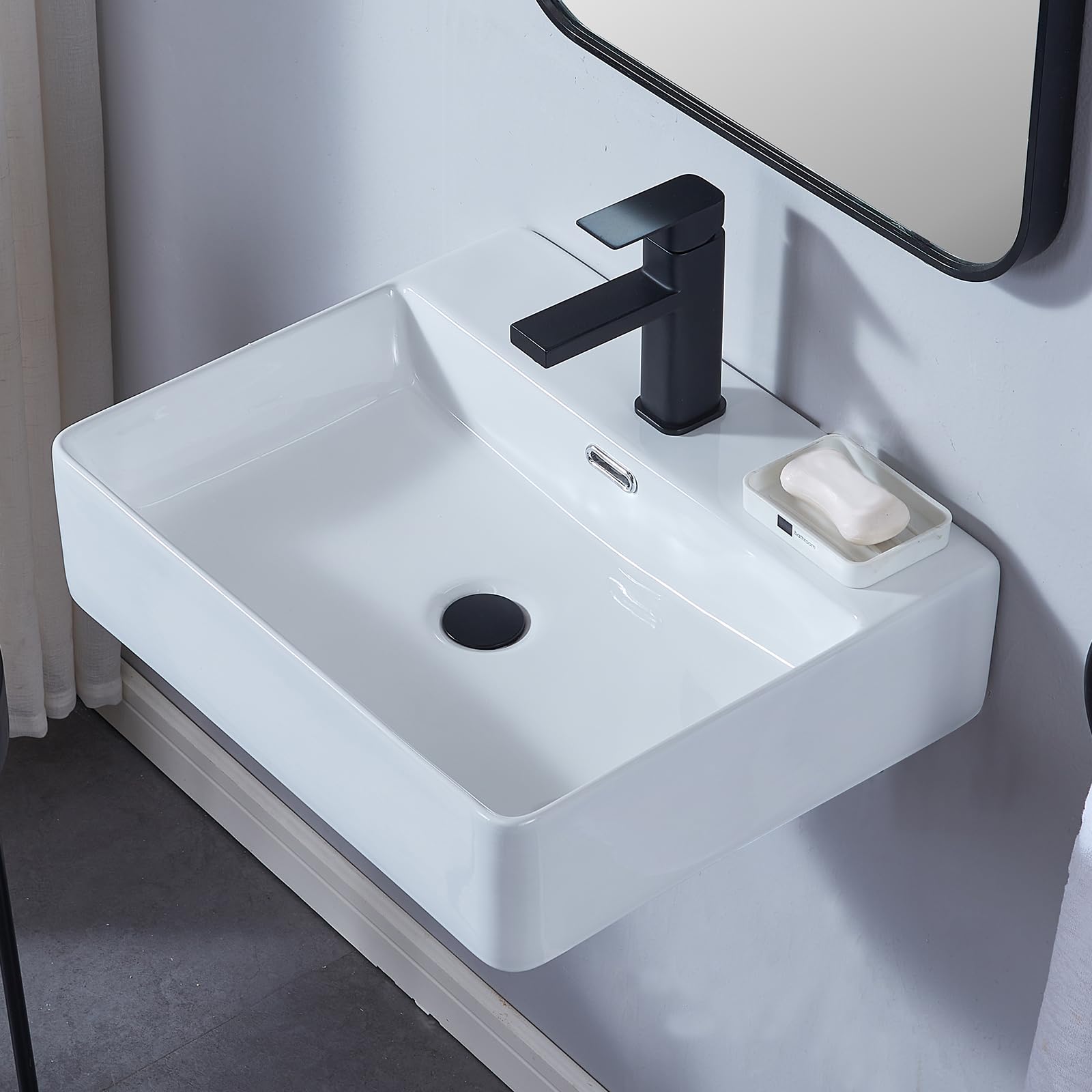 VAPSINT 20"X 17" Wall Mounted Bathroom Vessel Sink,Rectangle White Porcelain Ceramic Vessel Sink Modern One Hole Floating Lavatory Vanity Small Bathroom Sink