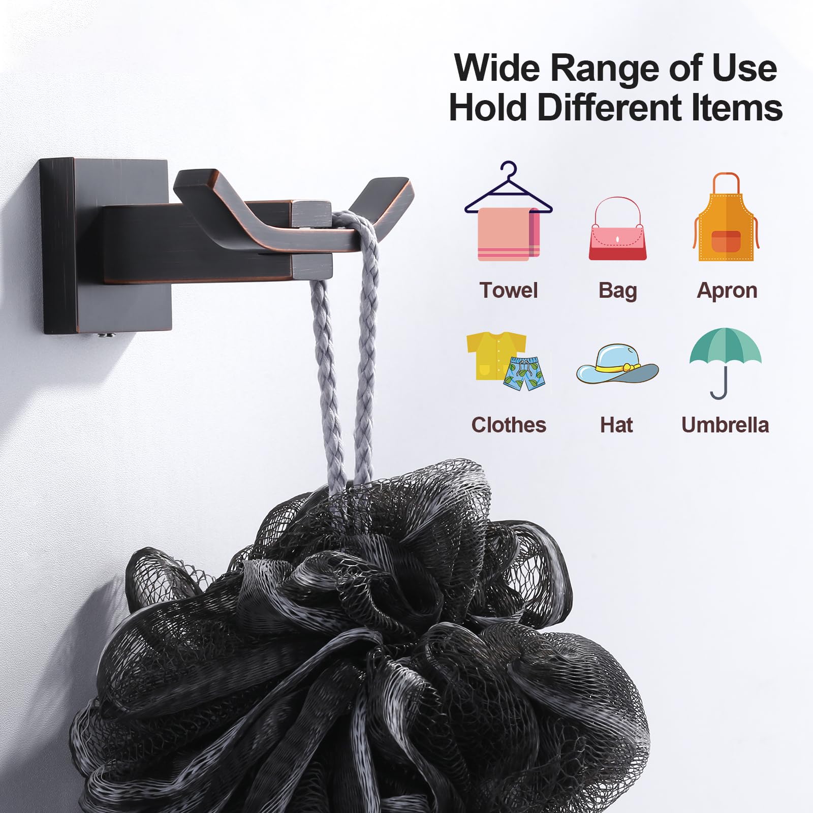 WOWOW Towel Hooks for Bathrooms Oiled Rubbed Bronze, SUS304 Stainless Steel Coat Hook, Bathroom Robe Towel Holder, Heavy Duty Robe Hooks, Bathroom Double Towel Hooks for Coats, sponges, Wall Mount