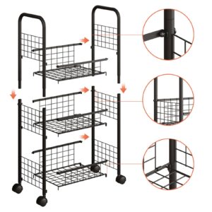 3-Tier FreeStanding Open Shelf with Wheels, Storage Rolling Cart Bathroom Organizer Shelves Unit, Metal Steel Storage Tower Organizer Rack Basket Cart for Bathroom, Living Room, Balcony, Kitchen