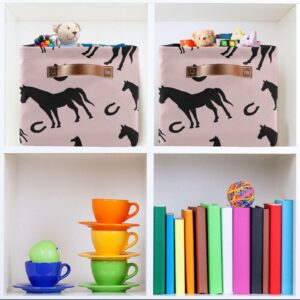 Horse Horseshoe Storage Basket Collapsible Storage Bins Cubes Box Clothes Hamper Fabric Toy Chest Gift Baskets for Shelves Home Shoes Office Nursery with Leather Handles