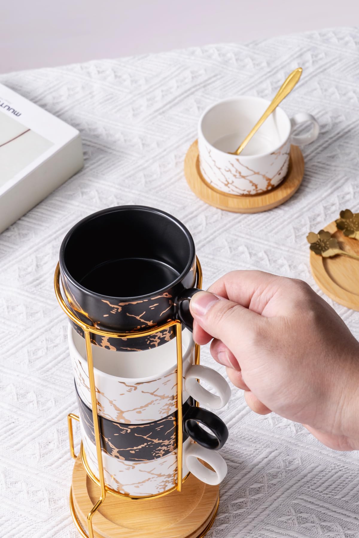 Jusalpha Golden Hand Print Teacup Coffee Cup with Bamboo Saucer Set FDTCS19 (4, Black)