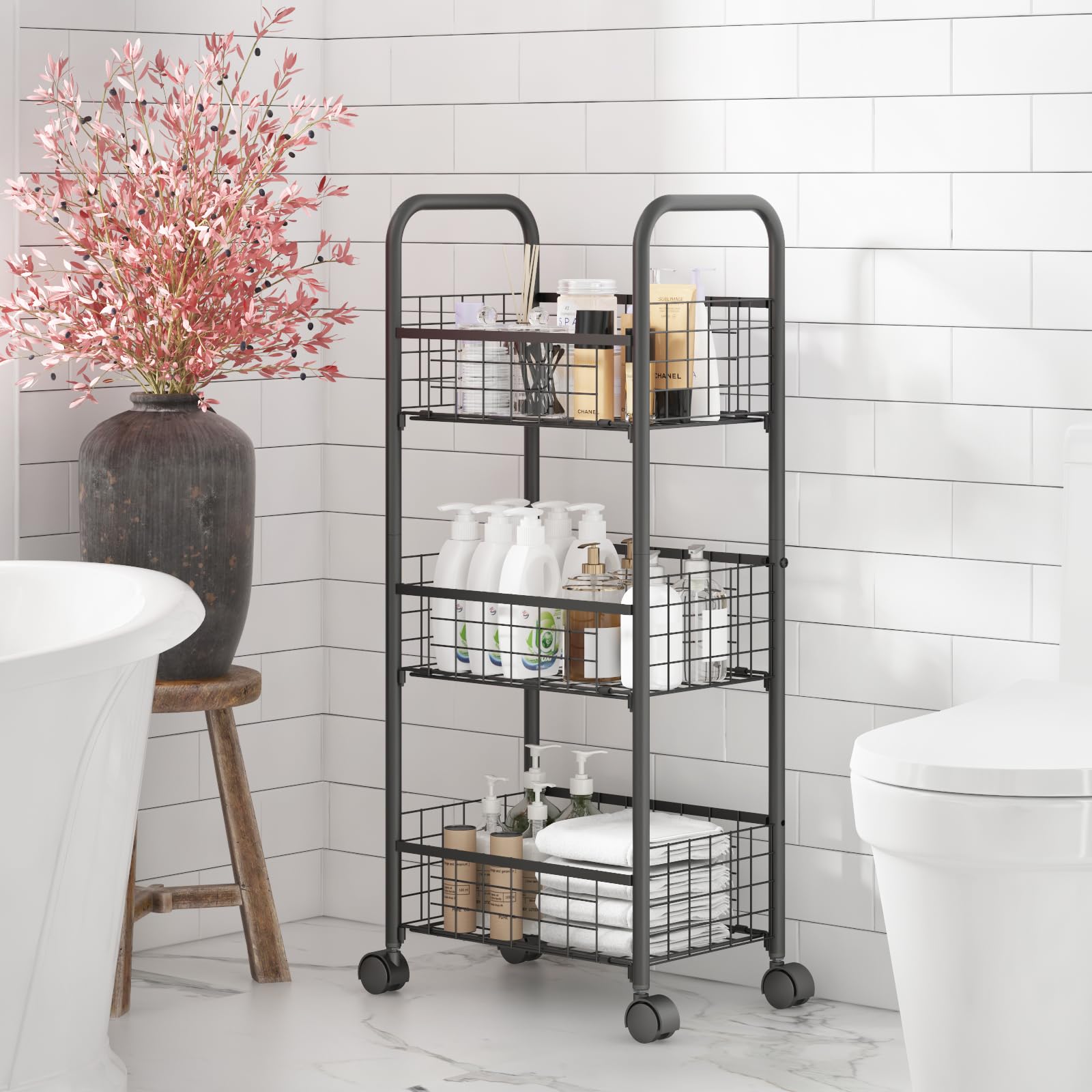 3-Tier FreeStanding Open Shelf with Wheels, Storage Rolling Cart Bathroom Organizer Shelves Unit, Metal Steel Storage Tower Organizer Rack Basket Cart for Bathroom, Living Room, Balcony, Kitchen