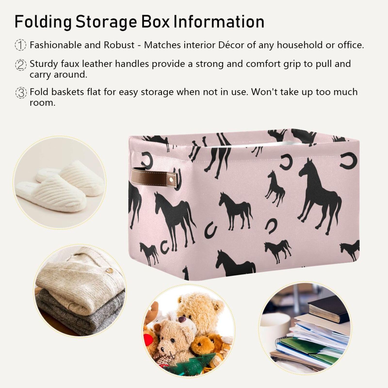 Horse Horseshoe Storage Basket Collapsible Storage Bins Cubes Box Clothes Hamper Fabric Toy Chest Gift Baskets for Shelves Home Shoes Office Nursery with Leather Handles