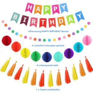 RUBFAC Rainbow Birthday Decorations Set, Colourful Happy Birthday Banner, Tissue Paper Pompoms, Circle Dots Garland and Paper Tassels Garland for Birthday Party Decorations