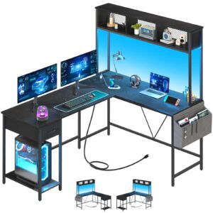 yoobure l shaped desk gaming desk with led strip & power outlet, reversible l-shaped computer desk with storage shelf & drawer, corner desk with storage bag, 2 person home office desk, black