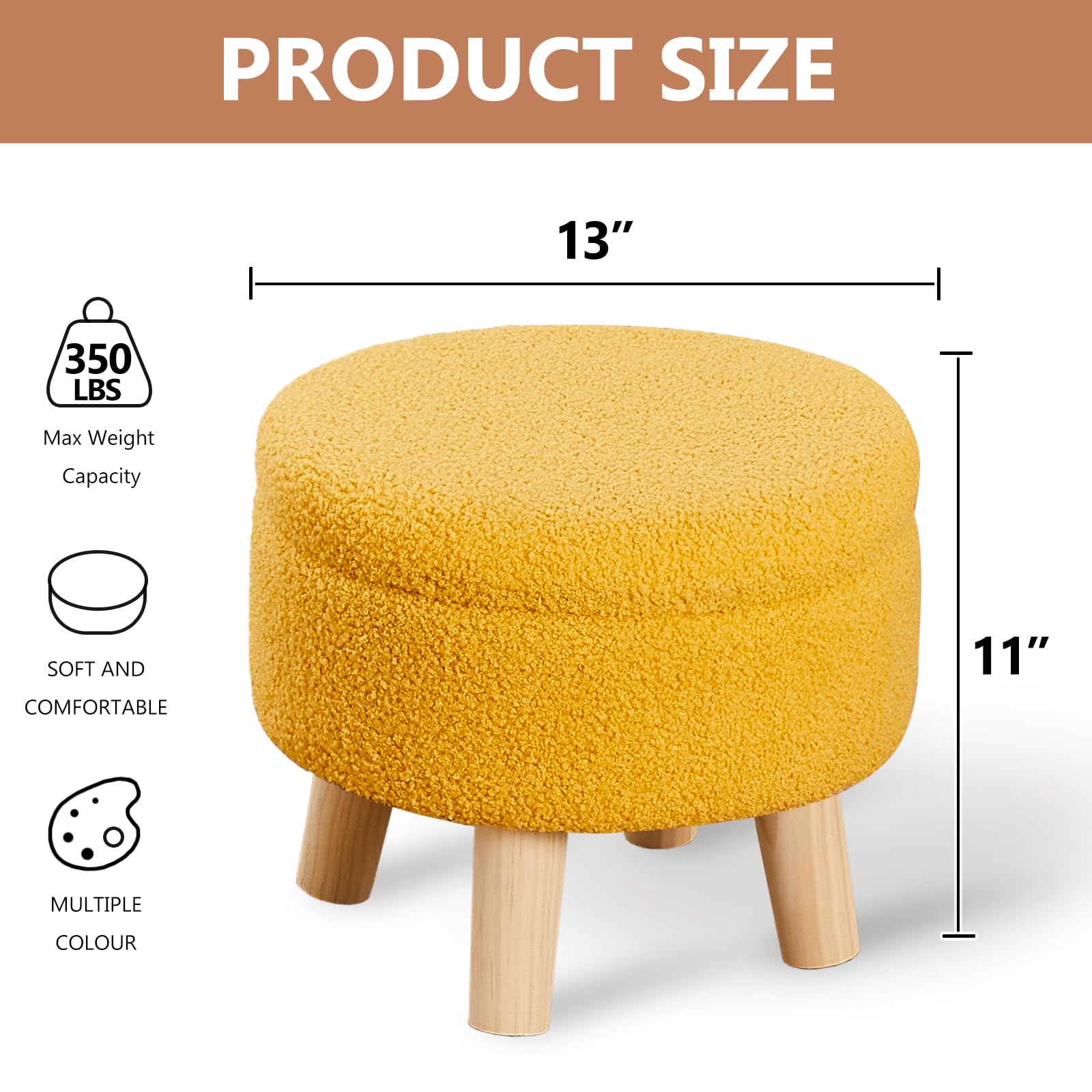 Wimarsbon Storage Ottoman, Modern Round Footrest with Soft Padded Seat, Teddy Velvet Footstool with Wood Legs, Accent Small Table or Plant Stand for Hallway, Living Room (Brilliant Yellow)