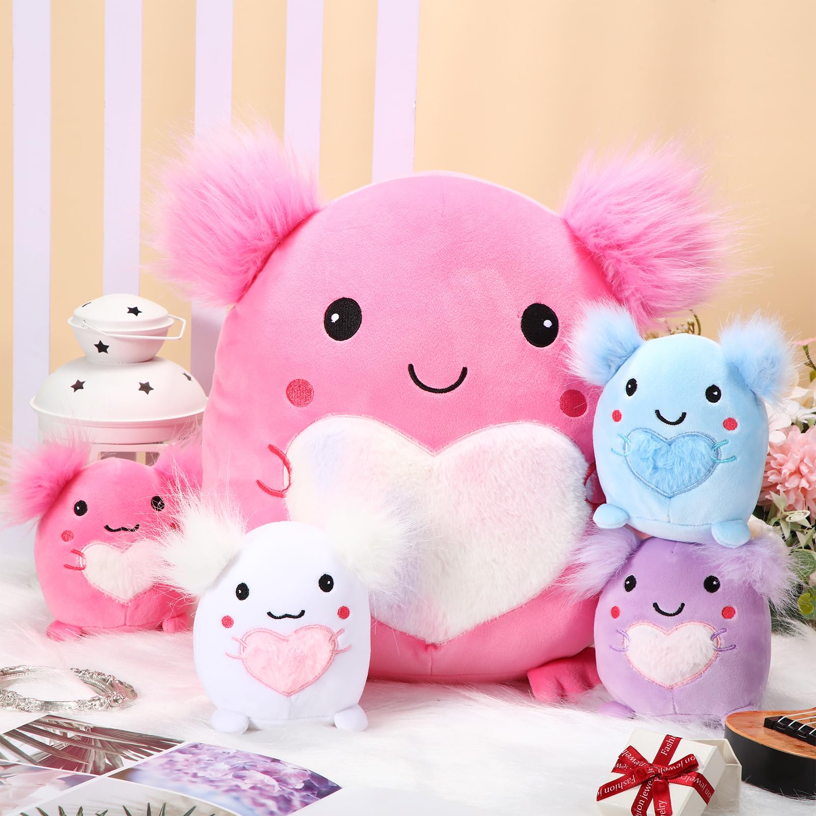 Hiboom 5 Pcs Axolotl Plush Stuffed Animal 12 Inch Large Axolotl Plush Pillow with 4 Baby Axolotl in Her Tummy Soft Cotton Plush Animal Pillow for Boys Girls Valentine's Graduation Birthday Party Decor