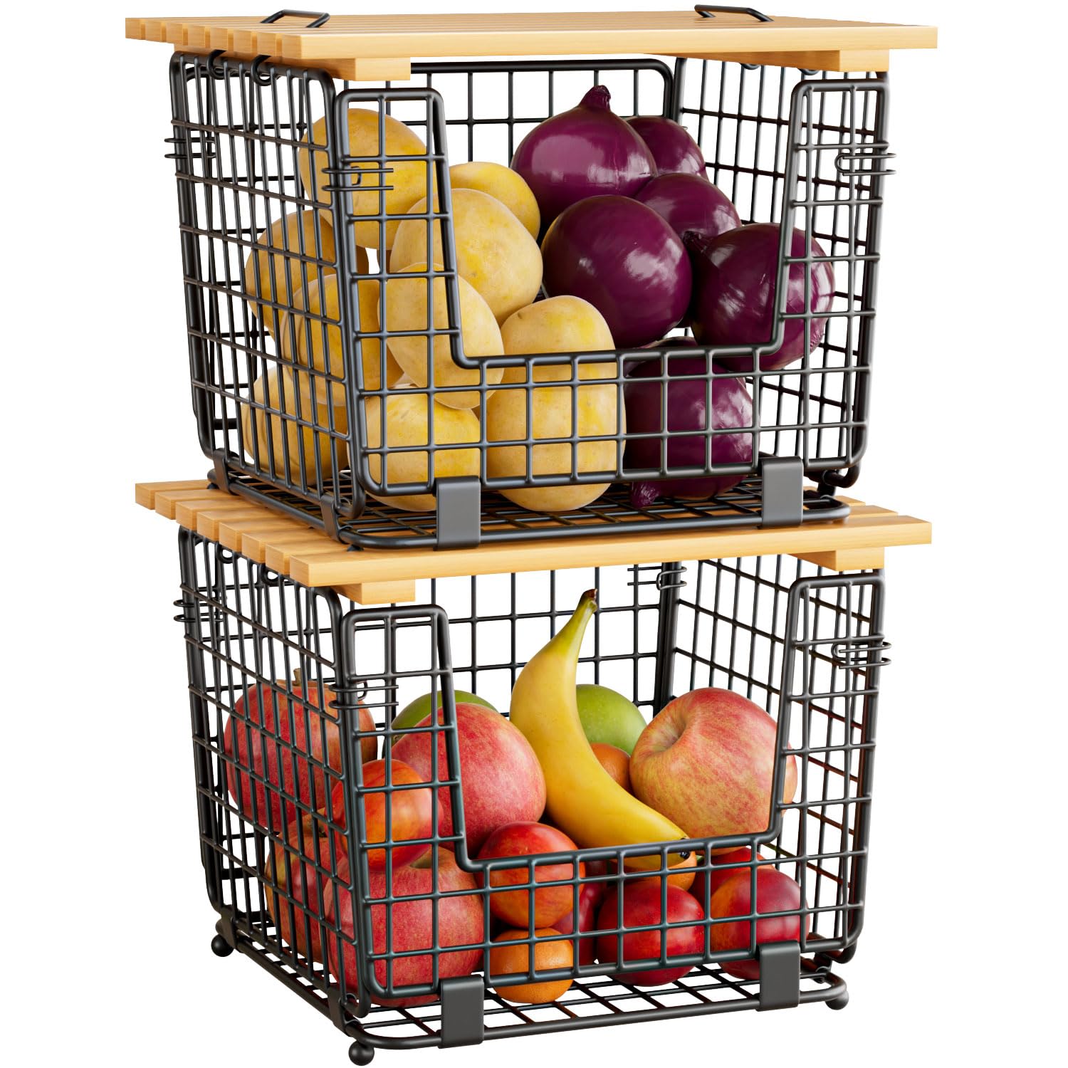 Wire Storage Basket For Kitchen Pantry: GGIU Kitchen Counter Basket Stackable Wire Organizing Bin For Produce Vegetable - Countertop Potato Onion Veggie Basket Black