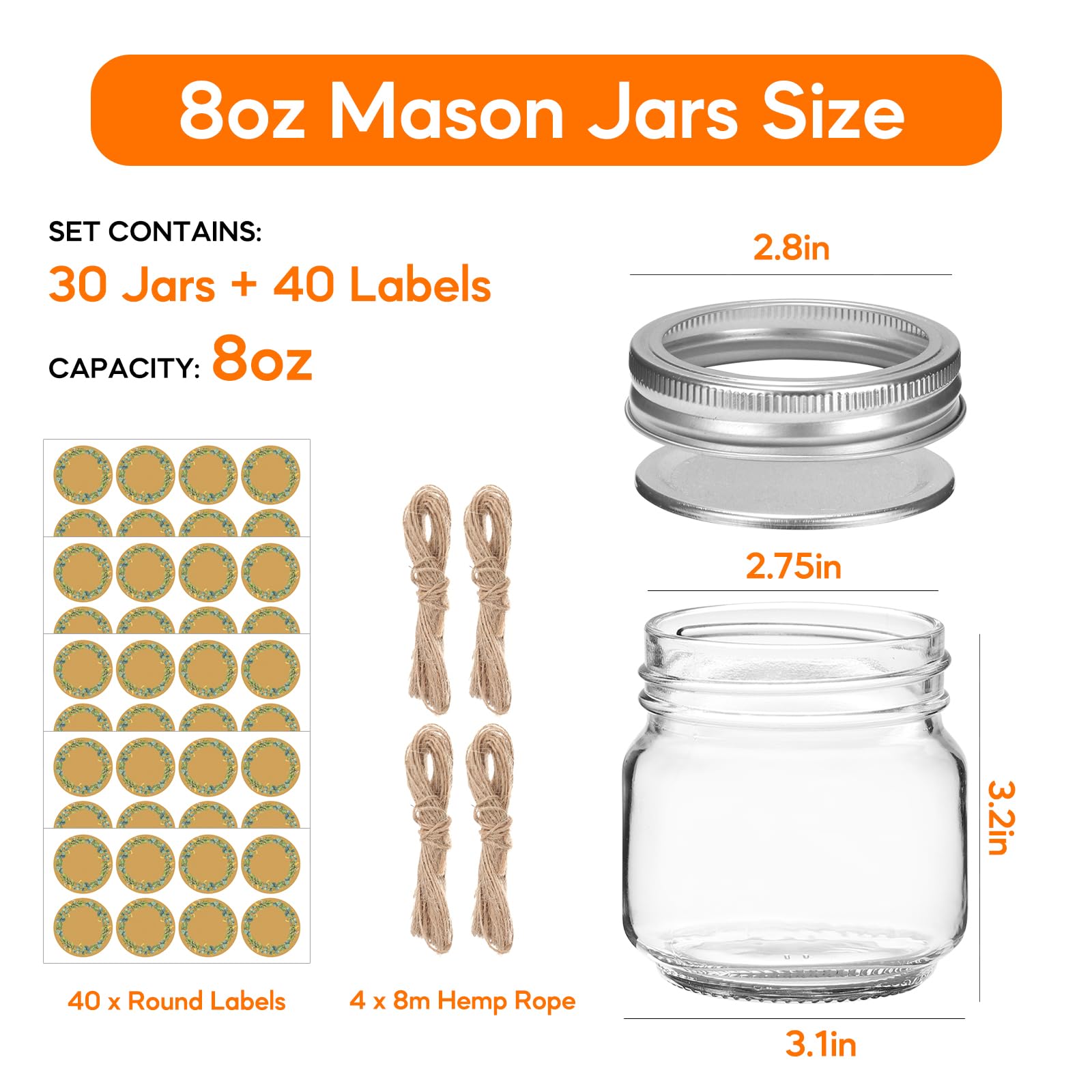 30 Pack Mason Jars 8 oz with Lids And Bands, Half Pint Canning Jars, 1/4 Quart Small Glass Jars with 40 Free Labels for Jam, Pickles And DIY