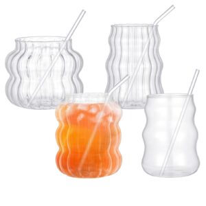 ziliny 4 pcs creative glassware set wave shape drinking glasses with glass straw aesthetic cups vintage ribbed glass cups cute drinking glasses for tea beer water cocktail coffee beverage kitchen