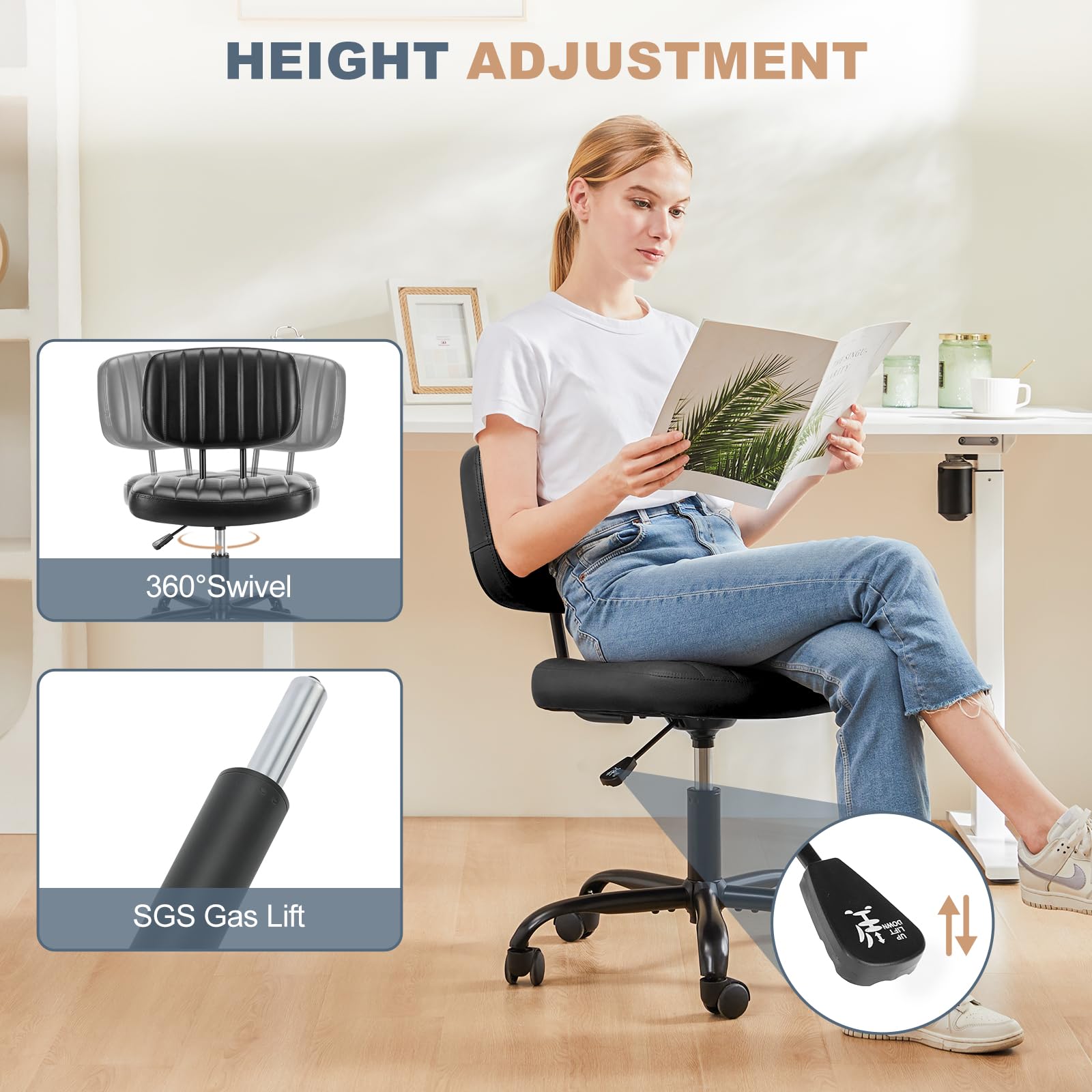 DUMOS Small Office Armless Desk Wheels and Lumbar Support Height Adjustable Computer, Black PU Leather Cute Vanity Task Chair for Home and Work