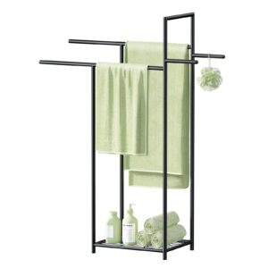 47" h standing towel rack for extra large towel, 3 tier metal free standing floor towel racks for bathroom freestanding, modern industrial blanket ladder display and drying rack for bedroom bathroom